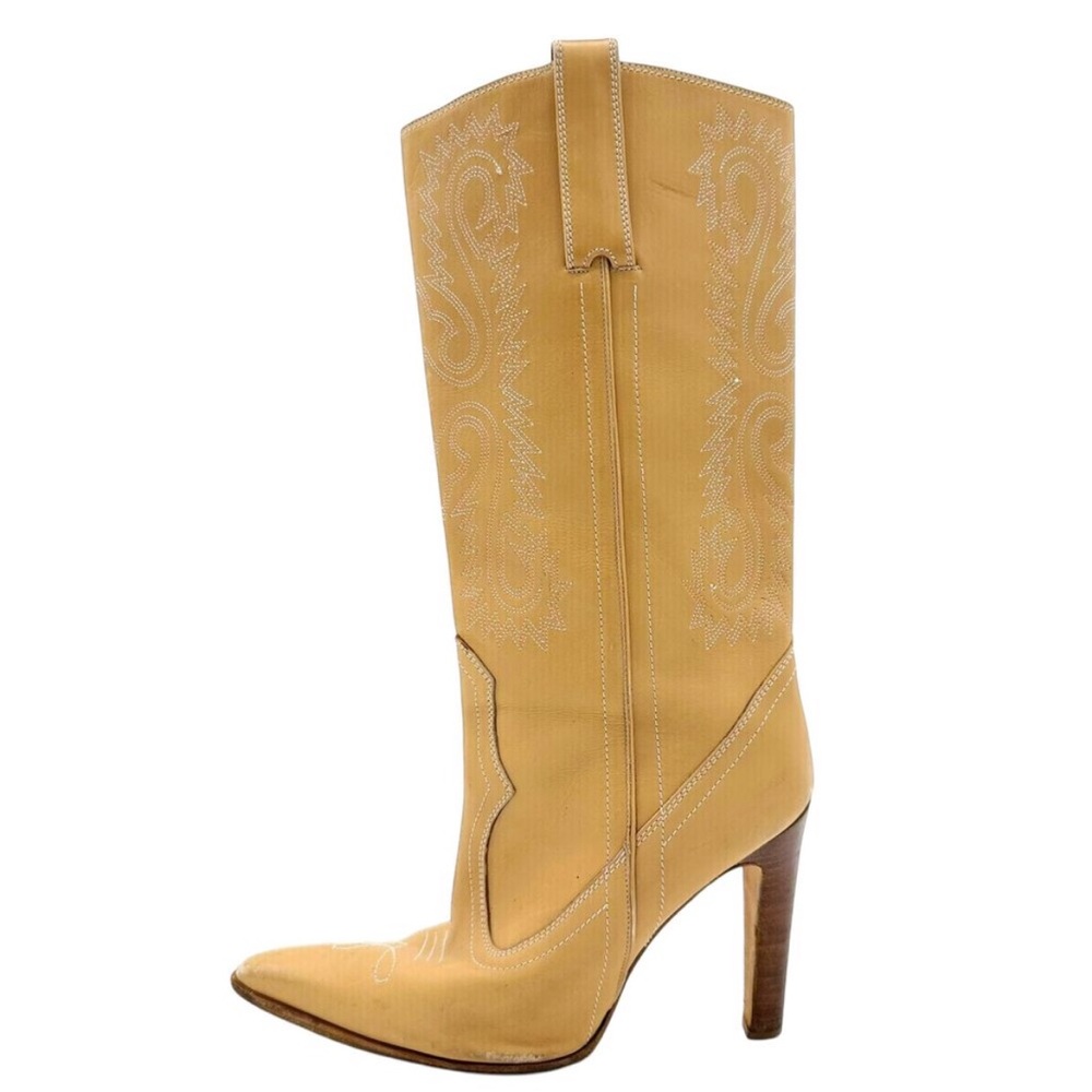 Authentic Manolo Blahnik Tan Heeled Cowboy Boots with High Heel and Pointed Toe